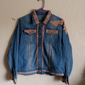 Embroidered Denim Jacket with Pink Lace Accents